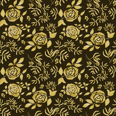 Luxurious Pattern with Rose Flowers. Seamless rose gold pattern on a black background. Wedding holiday illustration. Design for wallpaper, magazines and textiles.