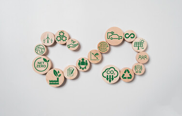 Wooden infinity shape with Circular business economy environment icons on white background for future sustainable investment growth and reduce environmental pollution concept.