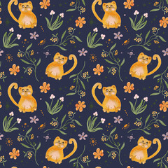 Red Fat Cat. Seamless watercolor pattern with fat cheerful cat in flowers. Childrens design for wallpaper, fabric, gift wrapping.