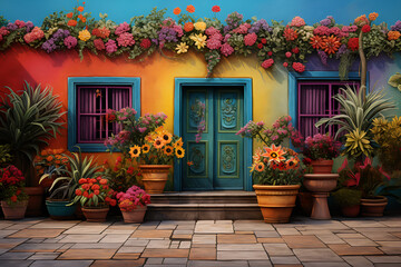 Fototapeta na wymiar house on the street with colorful walls and plant decorations