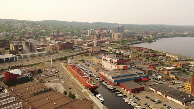 Aerial view of Downtown Duluth, Minnesota, United States. Cityscape, skyline. Spring Summer, sunset