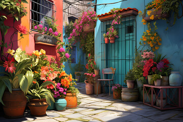 house on the street with colorful walls and plant decorations