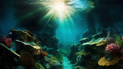 Naklejka na ściany i meble Underwater sunlight through the water surface seen from a rocky seabed with algae. Generative AI