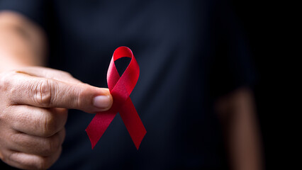 The red ribbon stick on black T-shirt. A person has a ribbon hang on shirt. The ribbon is the...