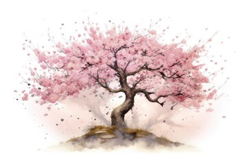 watercolor painting of blooming cherry blossom tree, with delicate petals and fine lines, created with generative ai