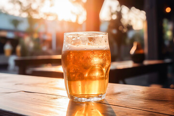 glass of cold beer on a hot day in a cafe. International Beer Day. Generative AI