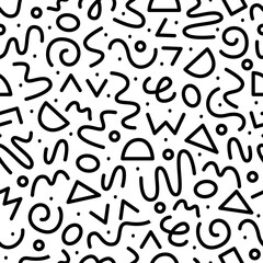 90s Seamless Pattern Squiggle Kids Pattern. Abstract Black and White Random Scribble Doodle Background.