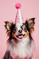 a dog in a birthday hat on a pink background in the studio, space for text. Image generated by AI