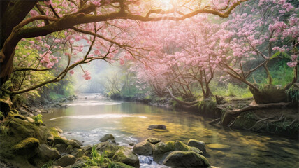 Obraz na płótnie Canvas 桜の木々と川の流れ　ジェネレーティブAI