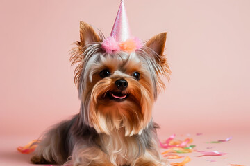 a dog in a birthday hat on a pink background in the studio, space for text. Image generated by AI