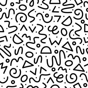 90s Seamless Pattern Squiggle Kids Pattern. Abstract Black and White Random Scribble Doodle Background.