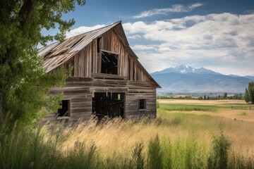 Obraz premium rustic barn with mountain vista in the background, created with generative ai