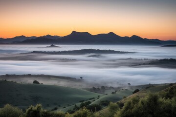 misty morning sunrise, with misty peaks and valleys visible in the distance, created with generative ai