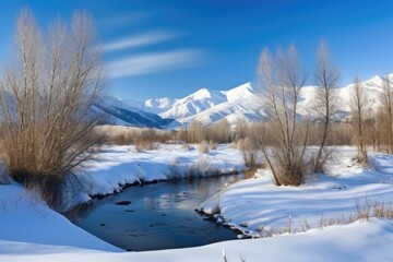serene winter landscape with snow, mountains and trees, created with generative ai