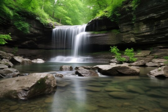 serene landscape with a waterfall cascading down the rocks, created with generative ai