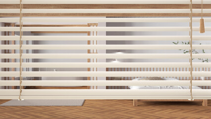 White venetian blinds close up view, over minimal wooden bedroom and bathroom. Bed and bathtub, japandi interior design, privacy concept