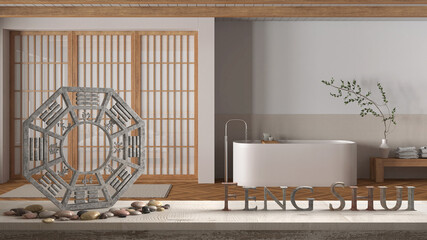 Wooden table shelf with ba gua, pebble stone and bamboo plants, over minimal white bathroom with freestanding bathtub, zen concept interior design
