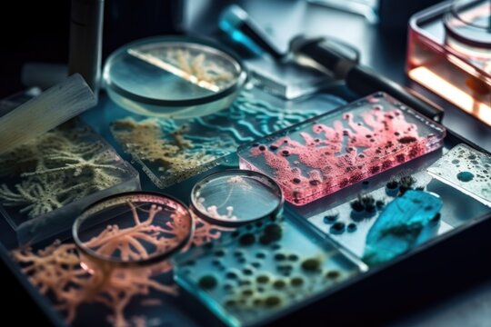 microscope slide with bacteria and other microorganisms for microscopic study, created with generative ai