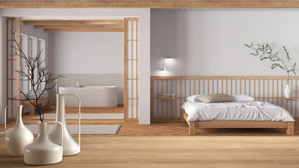 Wooden table top or shelf with minimalistic modern vases over japandi wooden bedroom and bathroom in modern style, japanese architecture interior design