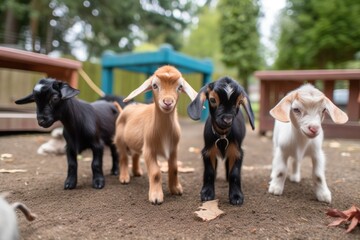 group of tiny goats plays and head- in park setting, created with generative ai