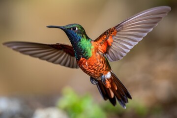 Fototapeta premium hummingbird in flight, its wings fluttering rapidly, created with generative ai