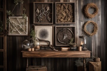 rustic wall art, featuring natural textures and patterns, on dark wooden wall, created with generative ai