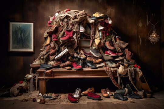 a series of art installations built with found objects, such as clothing or shoes, created with generative ai