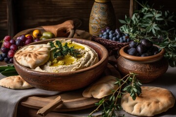 plate of rustic, wooden bowl filled with homemade hummus and pita bread, created with generative ai