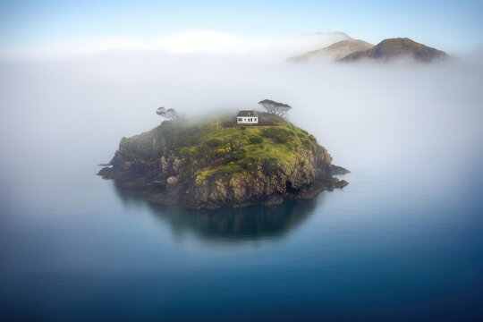 remote island surrounded by cloudlike mist and tranquil waters, created with generative ai