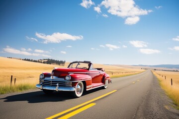 Fototapeta na wymiar classic convertible, with a warm breeze and blue sky, on scenic road trip, created with generative ai