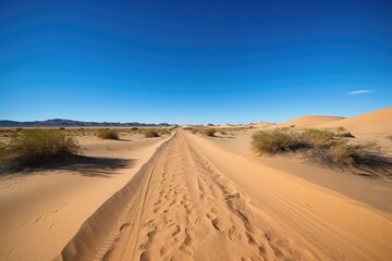 desert road trip with towering sand dunes and clear blue skies, created with generative ai