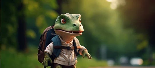 Gordijnen cute dinosaur goes to school with a backpack © Olga