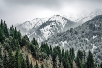 Obraz premium majestic mountain range, covered in snow and dotted with evergreen trees, created with generative ai