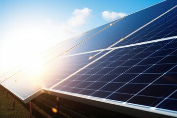 close-up of solar panels, with the sun shining down on them, created with generative ai