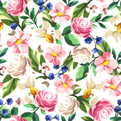 Floral pattern with pink, white, and blue flowers and green leaves on a white background. Seamless colorful floral print. Vector illustration