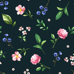 Floral pattern with small pink and blue flowers and green leaves on a dark blue background. Vector seamless floral print