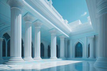 Fototapeta premium Beautiful airy widescreen minimalistic white and light blue architectural background banner with tilted columns. AI generated.