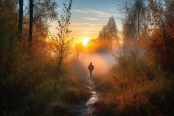 person, walking on misty forest trail, with view of the sunrise, created with generative ai
