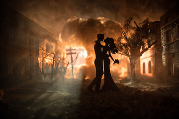 Nuclear war apocalypse concept. Explosion of nuclear bomb in city. City destroyed by atomic war....