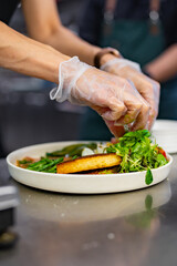 woman chef hand cooking food on kitchen