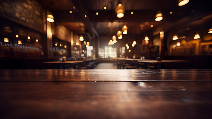Fototapeta na wymiar Ai generated empty rustic bar restaurant wooden table space platform with defocused blurry pub interior sunny weather autumn summer spring warm cozy house with panoramic city windows.