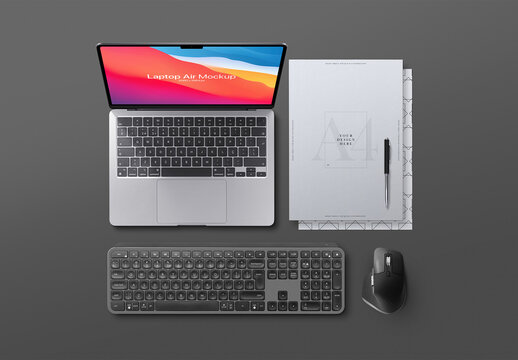 Laptop Air Mockup Keyboard Mouse A4 Flyer Scene