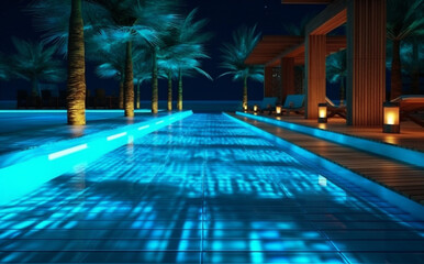 vacation water pool luxury summer resort light large holiday night. Generative AI.