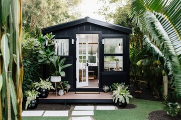 tiny house with black exterior and white accents, surrounded by lush greenery, created with generative ai