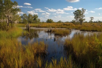 marsh with abundant wildlife, including frogs and birds, created with generative ai