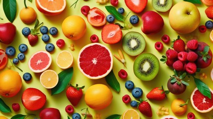 Abundant variety of halved and whole fruits on green background