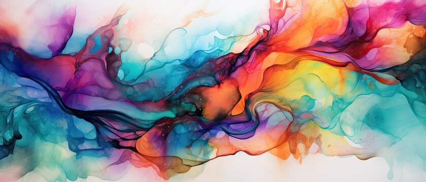 A vibrant abstract background with layers of alcohol ink in a harmonious palette of complementary colors, creating a visually striking and balanced composition. Generative AI. 