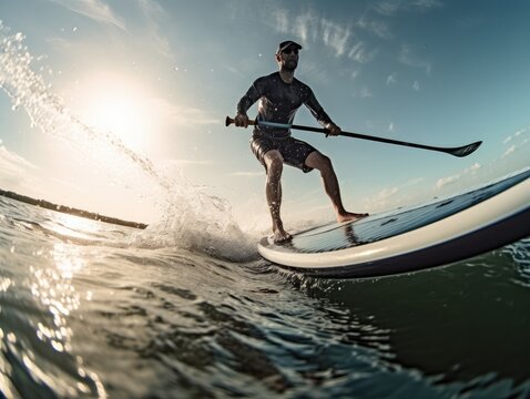 Young adult man surfing ocean wave on paddle board