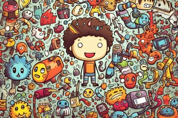 Kawaii doodle monsters, city, cat, robot for child coloring books, Generative AI