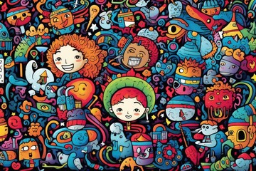 Obraz na płótnie Canvas Kawaii doodle monsters, city, cat, robot for child coloring books, Generative AI